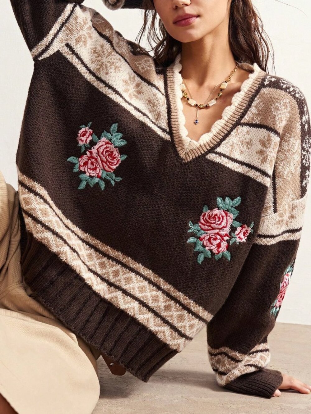 Mocha Brown Casual Women's Jacquard Contrast Color Embroidered Knit Cardigan - Picture 4 of 10